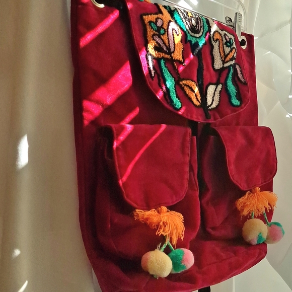 America & Beyond Drawstring Pom Pom Backpack  Floral Suede School Bag Girls Gift - Picture 12 of 17